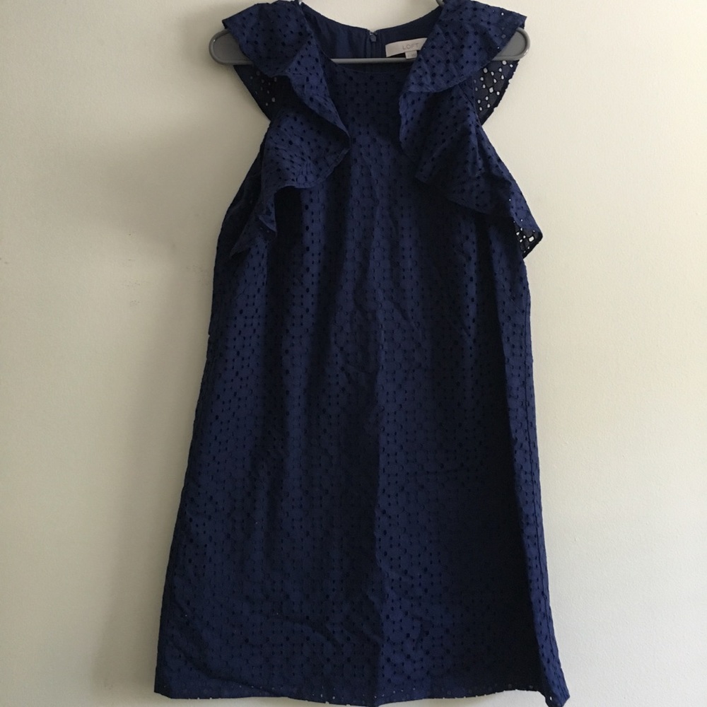 Loft Ruffle Sleeve Eyelet Navy Dress